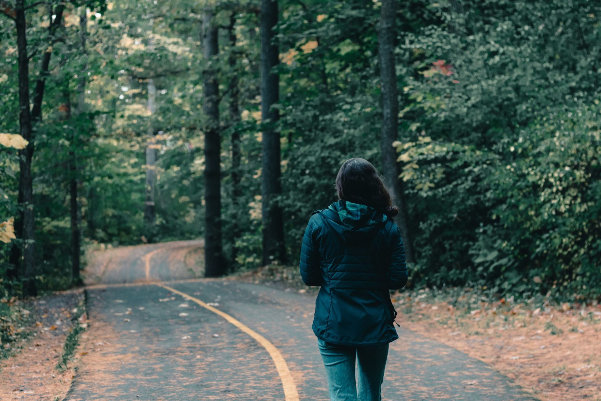 Person walking middle of a road through trees