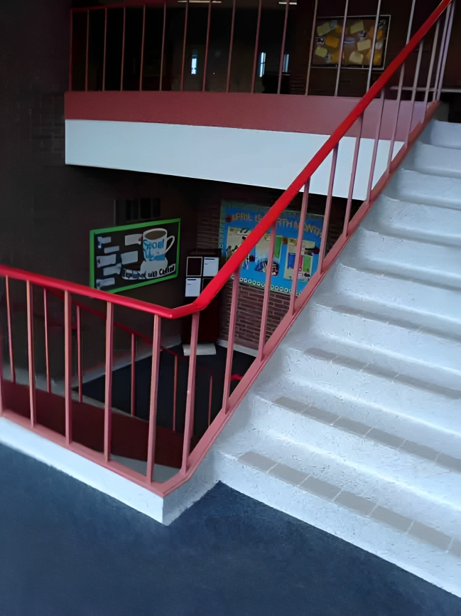 Staircase with red railing, white steps, leading down to a landing with a chalkboard and bulletin board.
