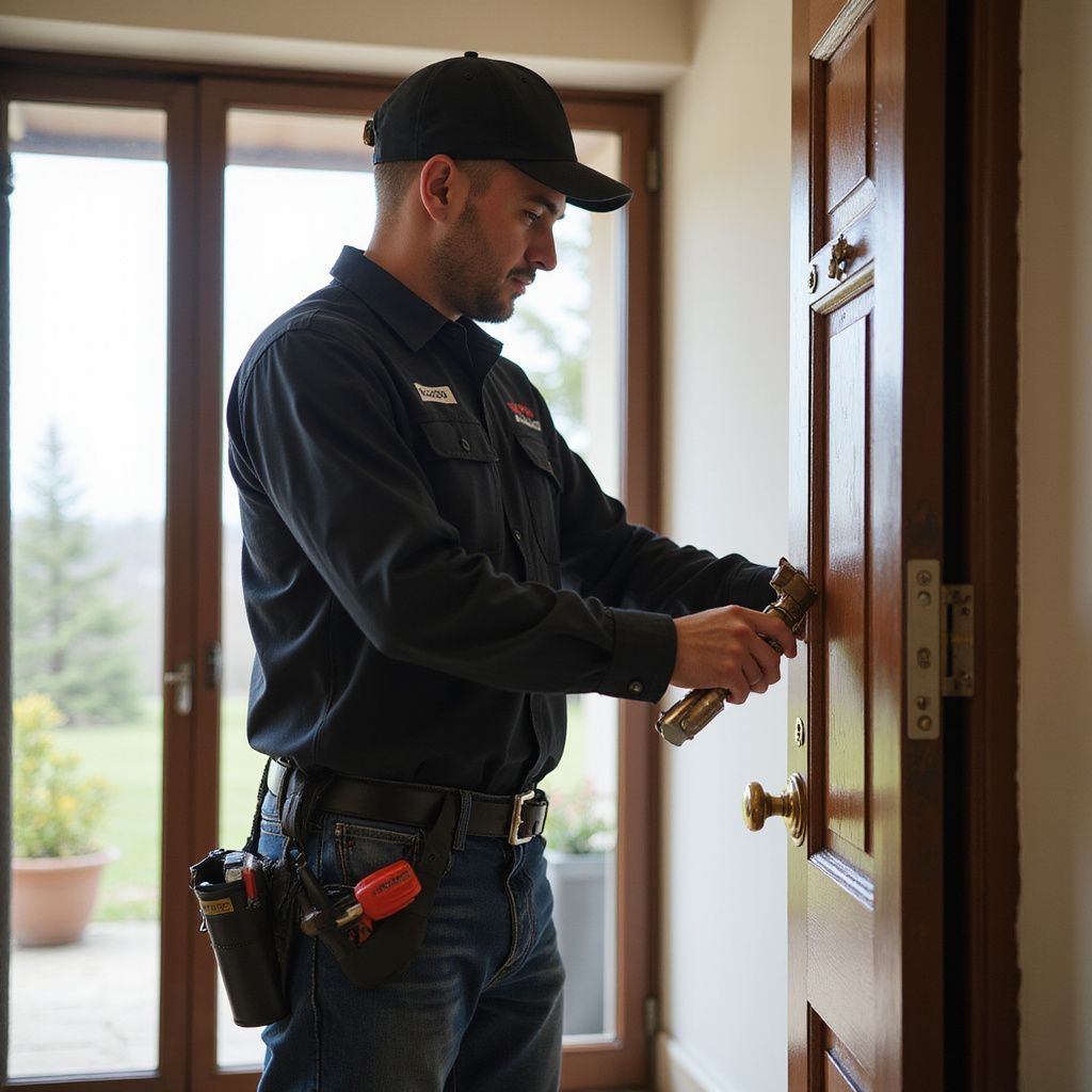 Locksmith in black uniform, opening a wooden door with a golden handle in a house.