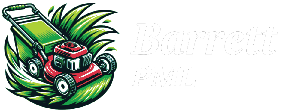 A red lawnmower over a stylized green grass patch next to the white text