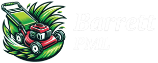 A red lawnmower over a stylized green grass patch next to the white text 