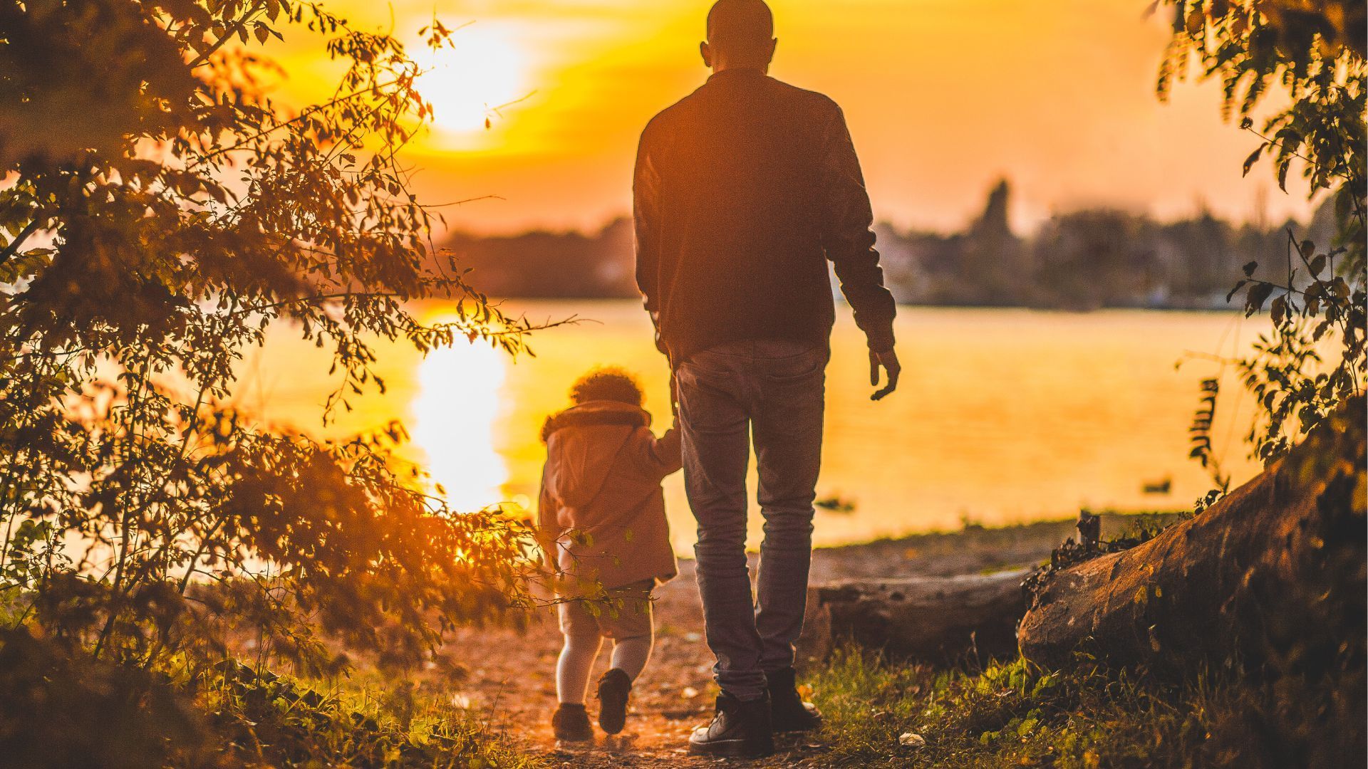 Father and child walk hand-in-hand toward a lake at sunset. Silhouette. Orange glow.