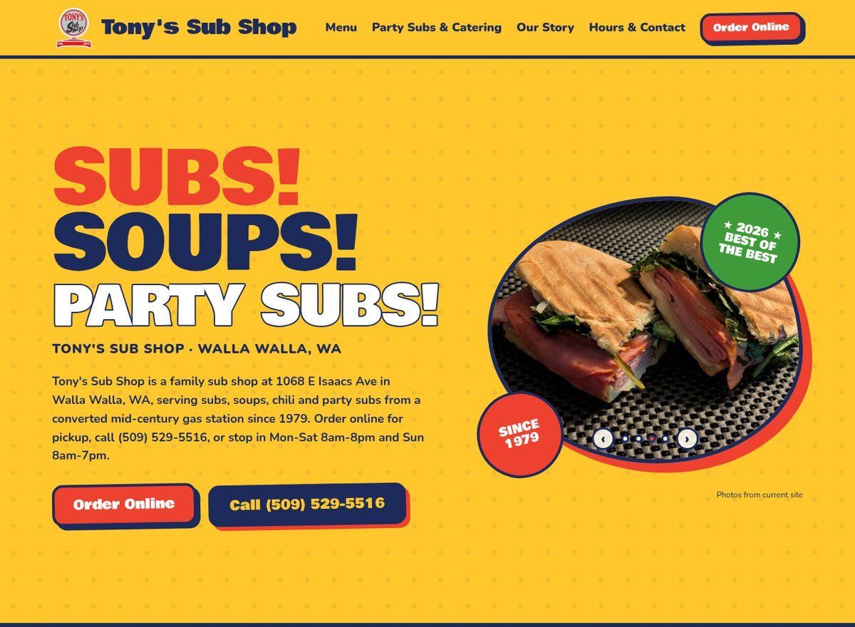 Top of the new Bold Tony’s Sub Shop website homepage: logo and menu bar with an Order Online button, then a yellow dotted background, big SUBS / SOUPS / PARTY SUBS type, and a classic red tilted-frame photo of a sub
