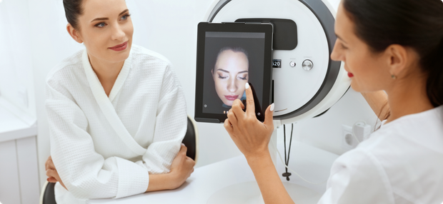 Eine Frau betrachtet ein Bild ihres Gesichts auf einem Tablet.