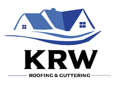 The logo for krw roofing and guttering shows a house with two roofs.