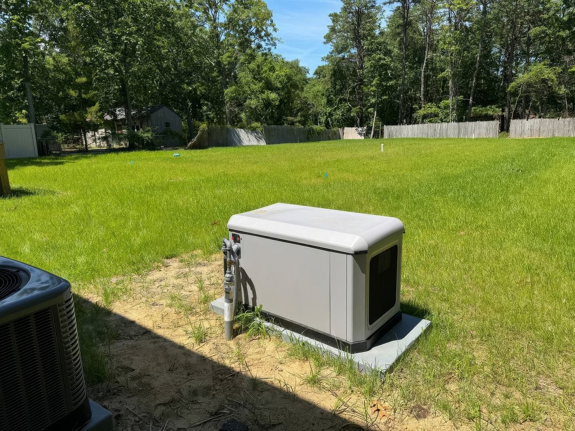 A generator is sitting in the middle of a lush green field.