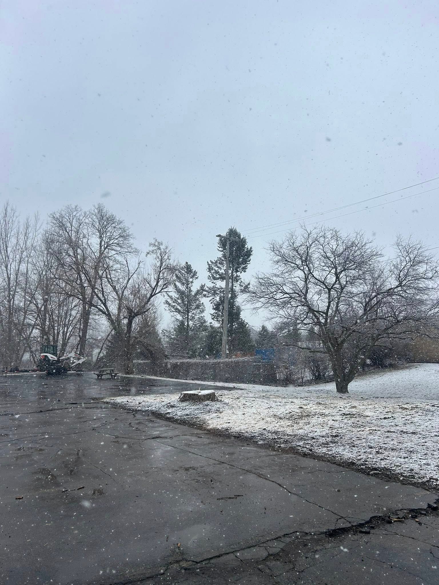 A paved driveway and grassy area partially covered in light snow during a cloudy, overcast winter day.
