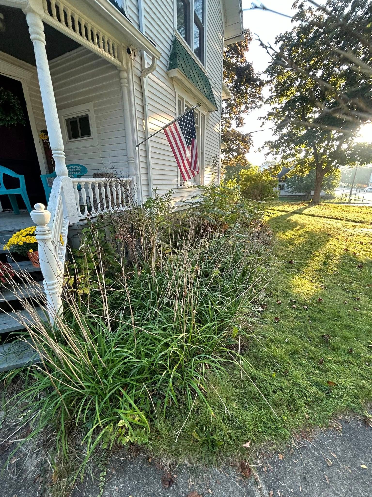 A white Victorian house with a porch, a front garden of tall grasses, and an American flag on a sunny day.