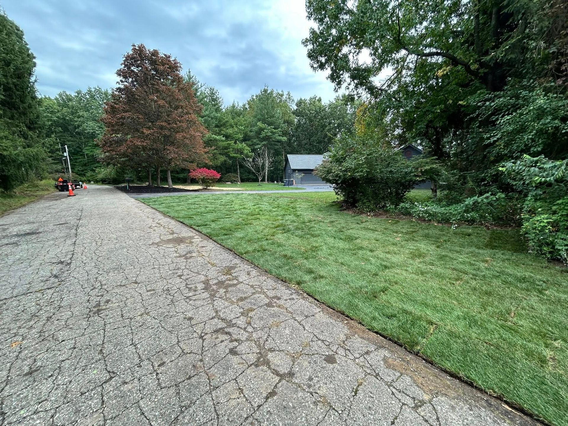 A cracked asphalt driveway leads toward a lawn, trees, and a house in the distance under a cloudy sky.