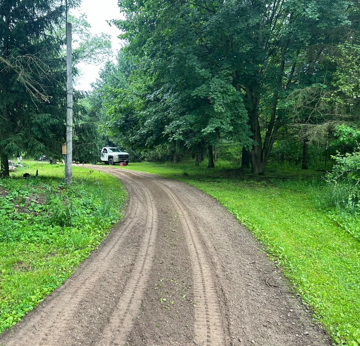 A dirt path winds through a lush, green wooded area toward a parked white vehicle.