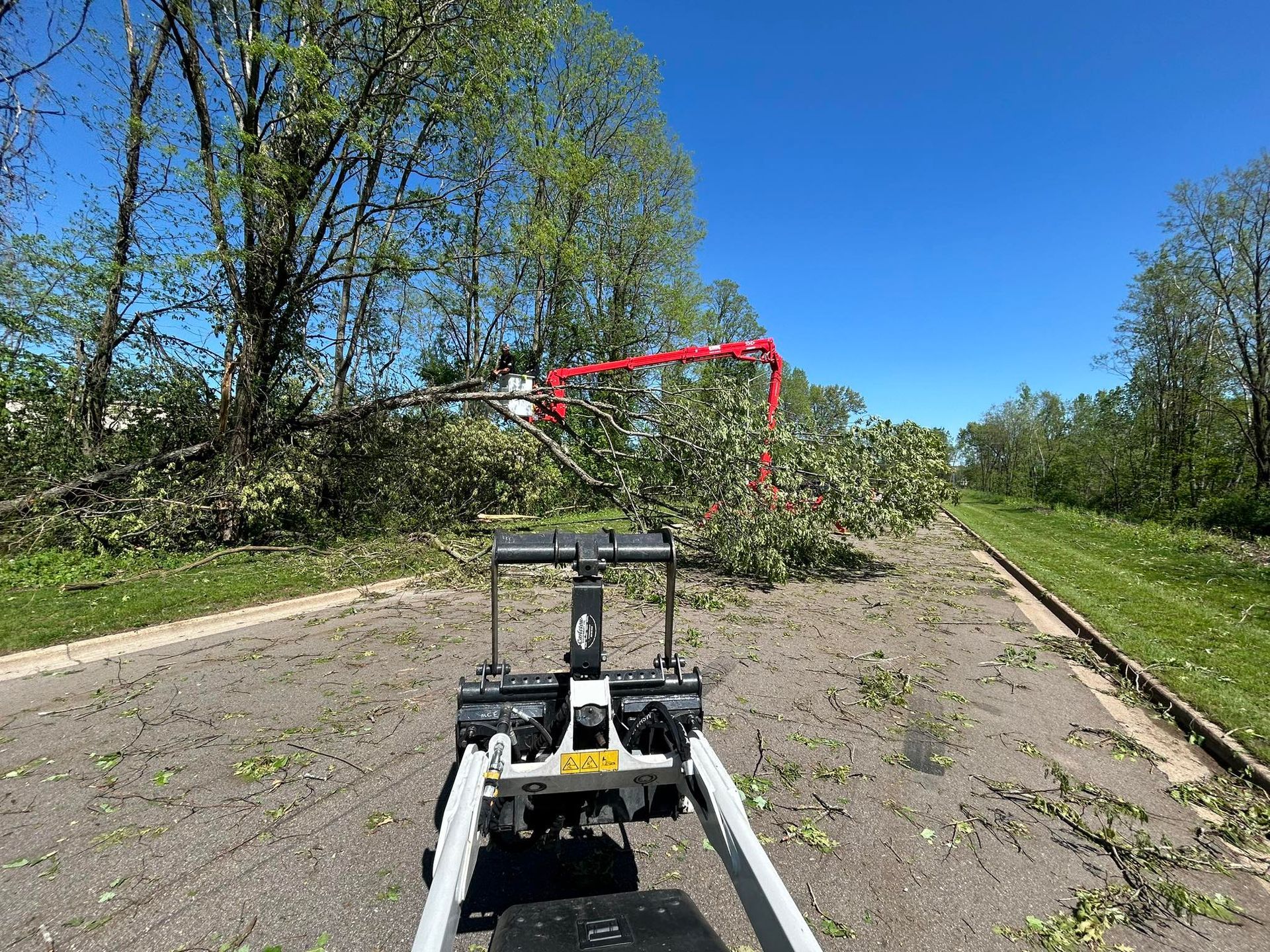 A view from a mobility aid showing a path blocked by fallen tree branches near a railway track.
