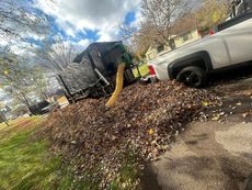 A white truck parked on a driveway with a large leaf vacuum machine collecting a massive pile of fallen autumn leaves.