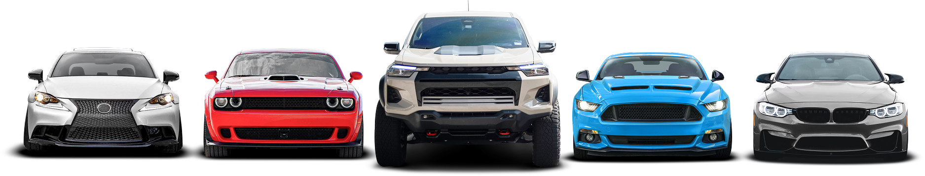 Four cars of different models are parked closely together on a white background. | Don's Performance Corner