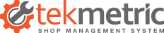 Tekmetric logo with orange gear and wrench icon and gray text, “shop management system”