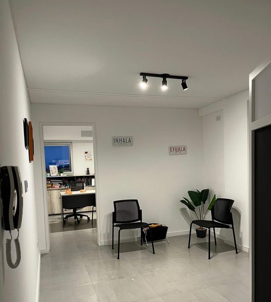 Sala de estar minimalista con paredes blancas, sillas negras, mesa pequeña y una planta en maceta bajo focos de techo.