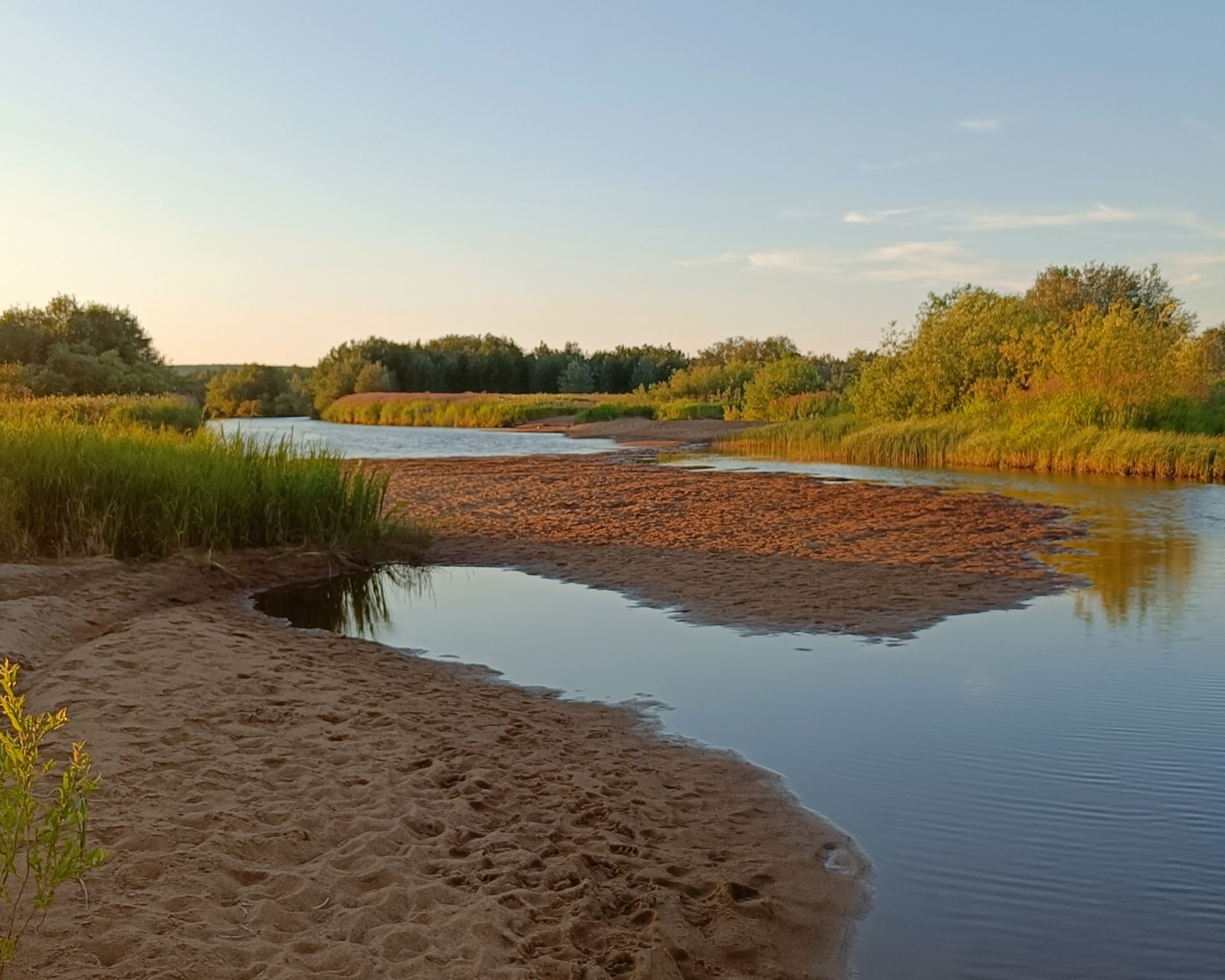 Sandy beaches in Ounasjoki River and green plants surrounding a sunny view