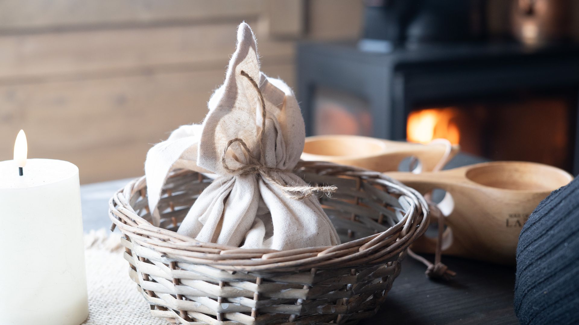Bread basket in front of fireplace