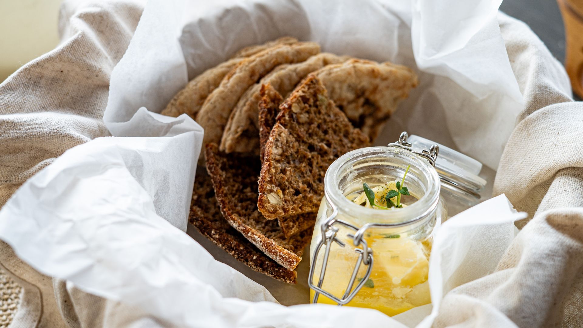 Bread and butter in wrapping paper