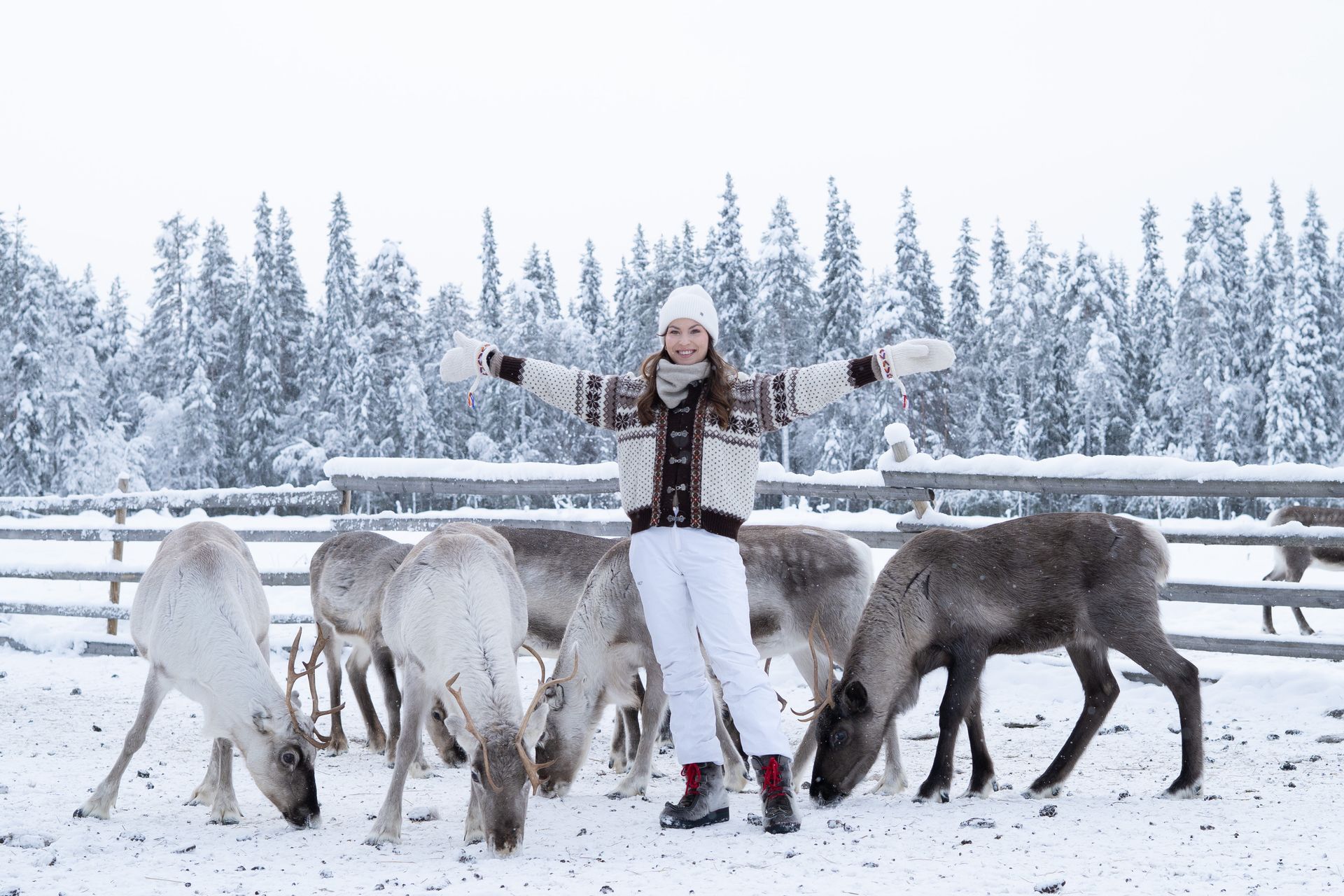 Woman standing happy in the middle of reindeer feeding.