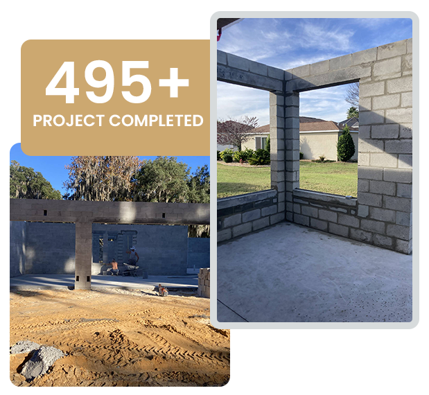 Brick masonry project collage with “495+ project completed” text and two masonry block site photos