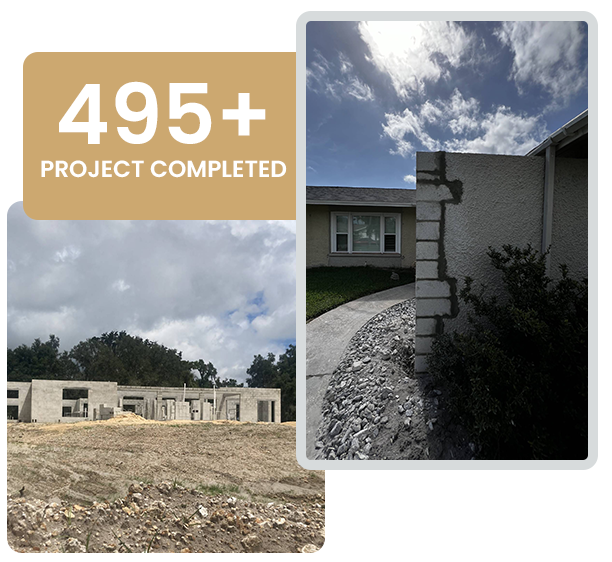 Collage of concrete masonry unit construction project progress with “495+ project completed” text and building exterior