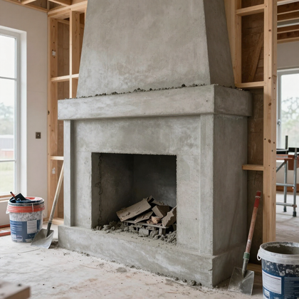 concrete masonry unit fireplace with a home display