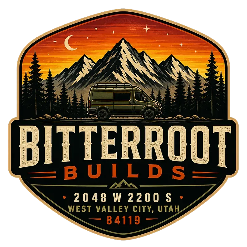 BITTERROOT BUILDS logo with mountain silhouette, sun, moon, and pine trees in orange and cream