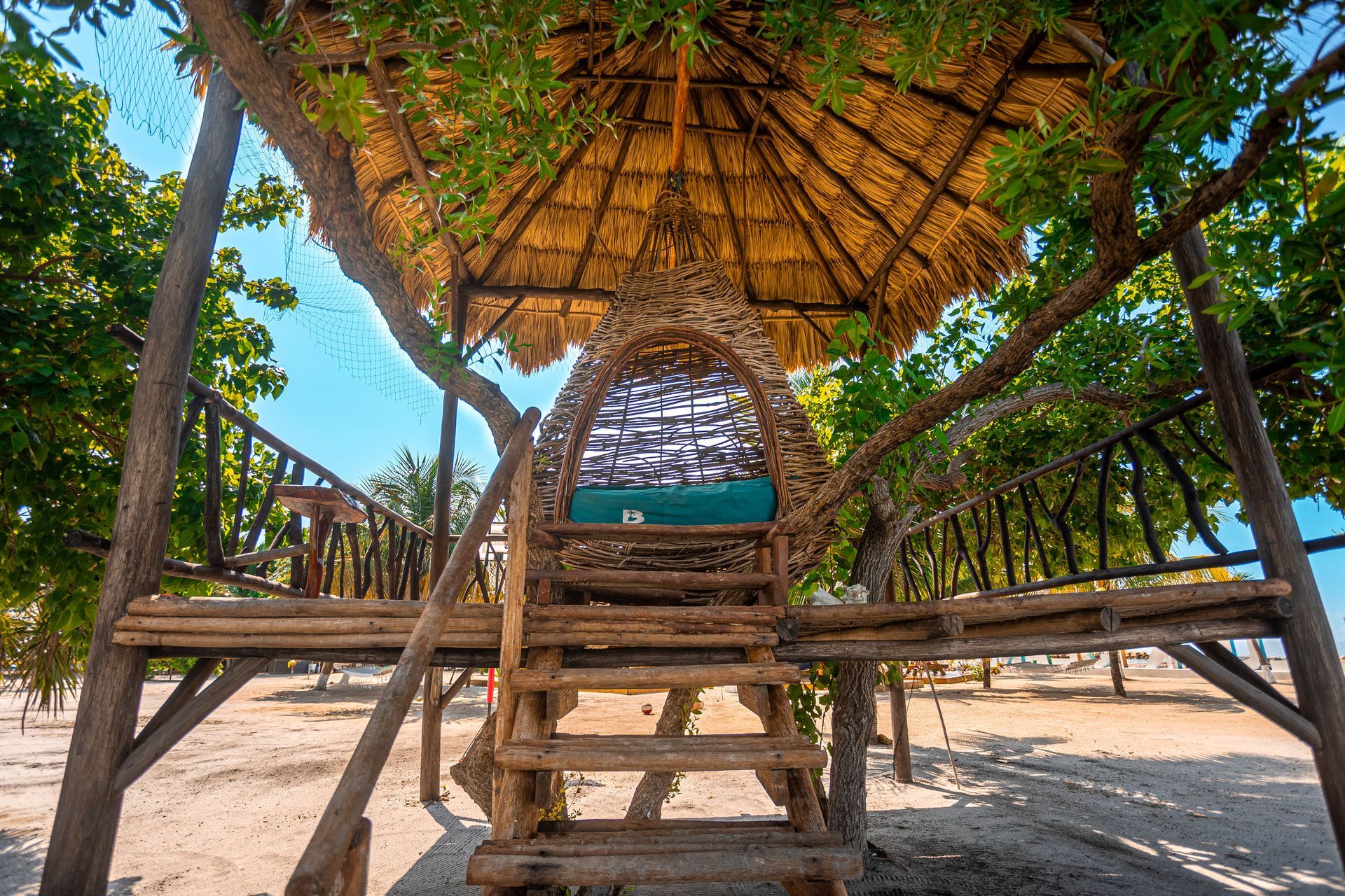 Wooden beach cabana with thatched roof, hammock, and steps under leafy trees on sandy ground