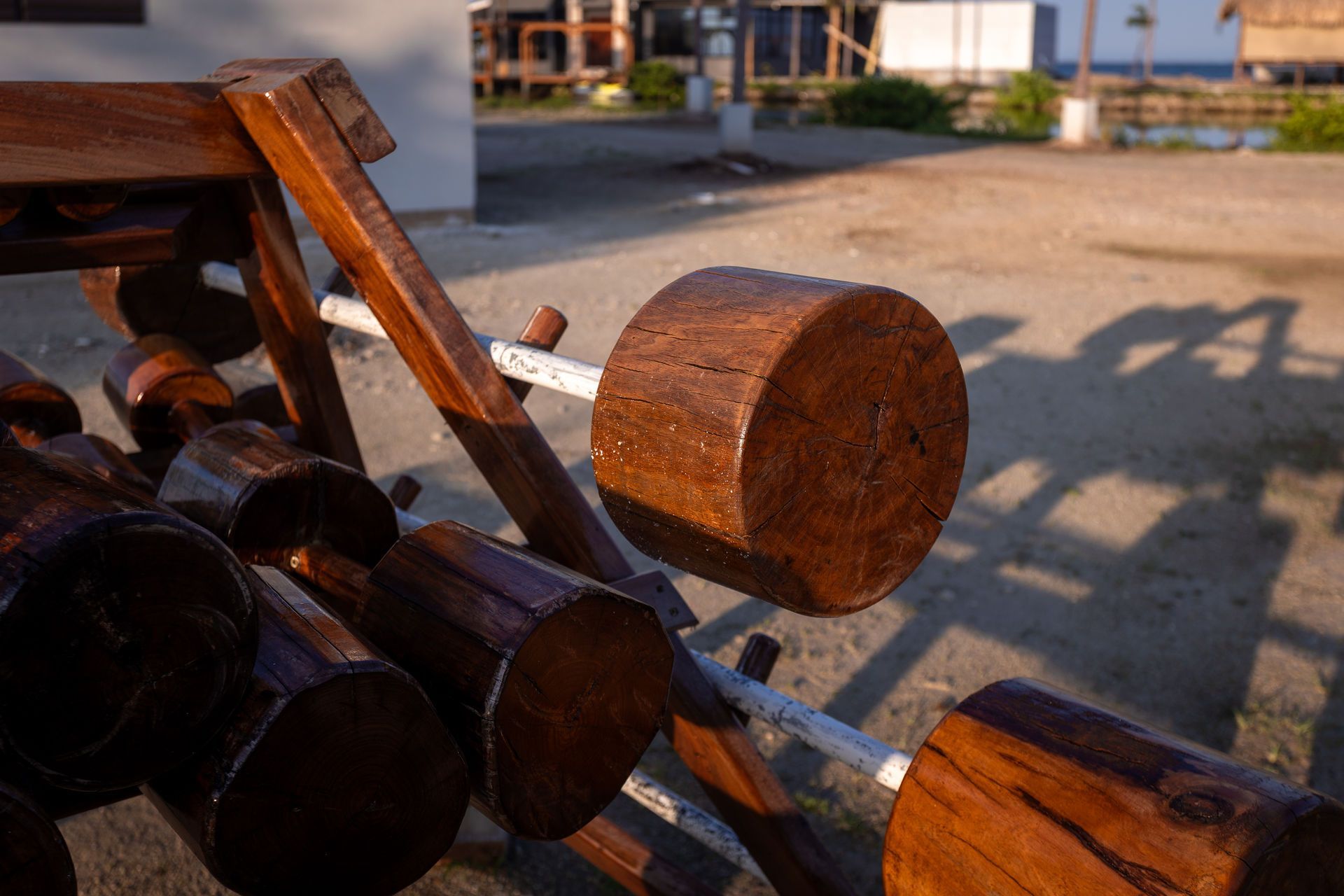 Close-up of wooden logs stacked outdoors in sunlight, with one round log on top of the pile