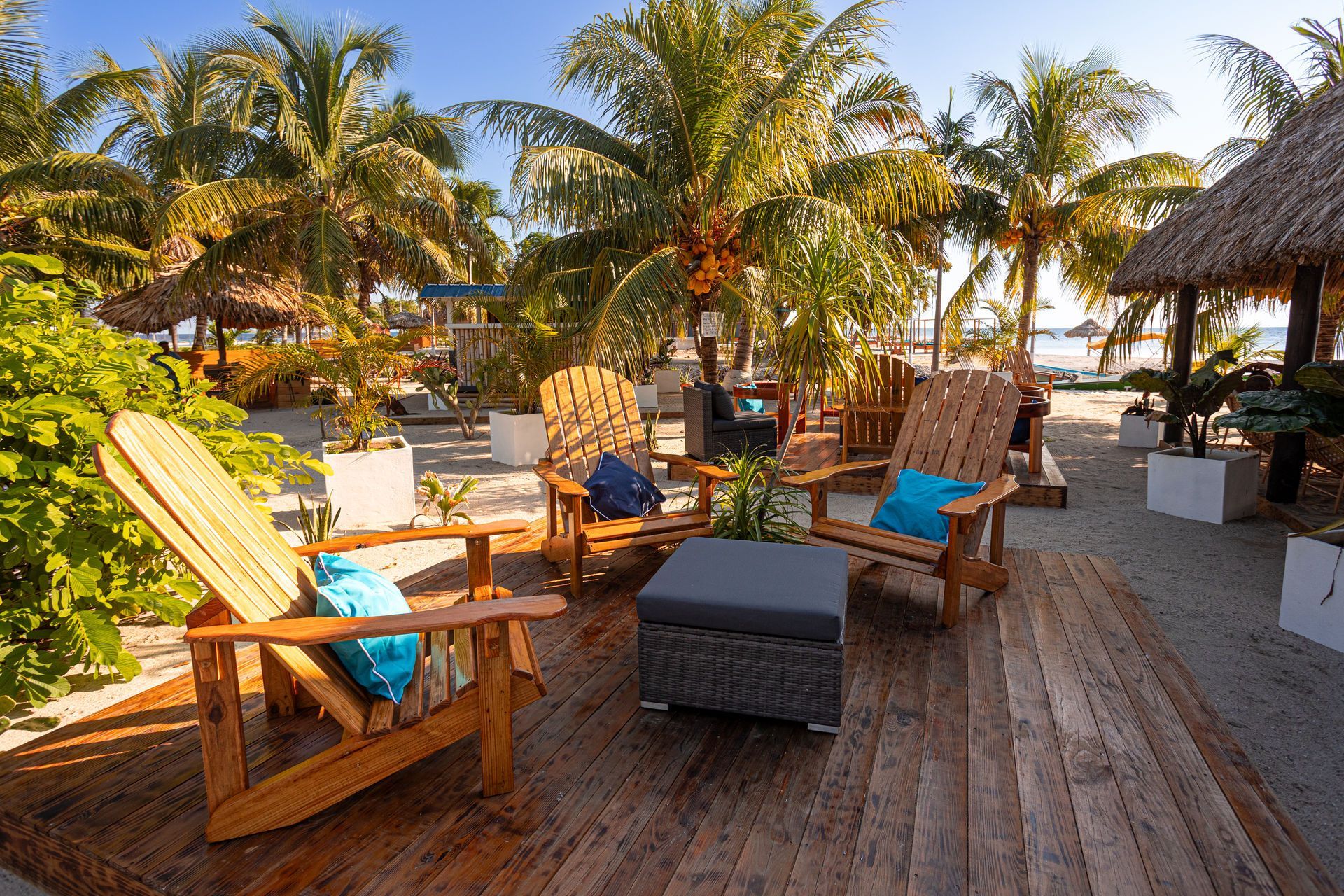 Beach lounge area with wooden chairs, blue cushions, and palm trees by the water
