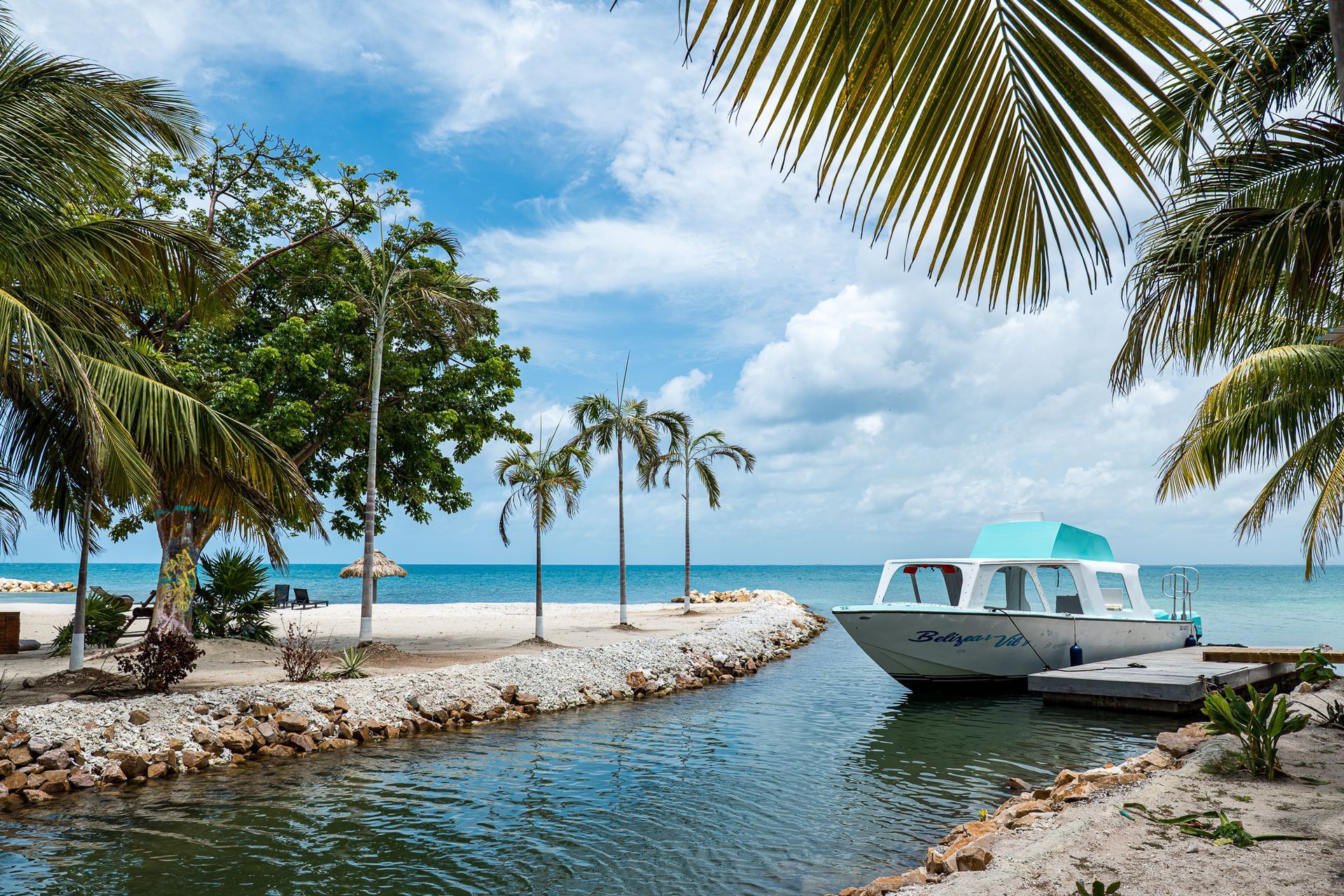 Tropical harbor with a white boat, palm trees, and a turquoise ocean under a blue sky