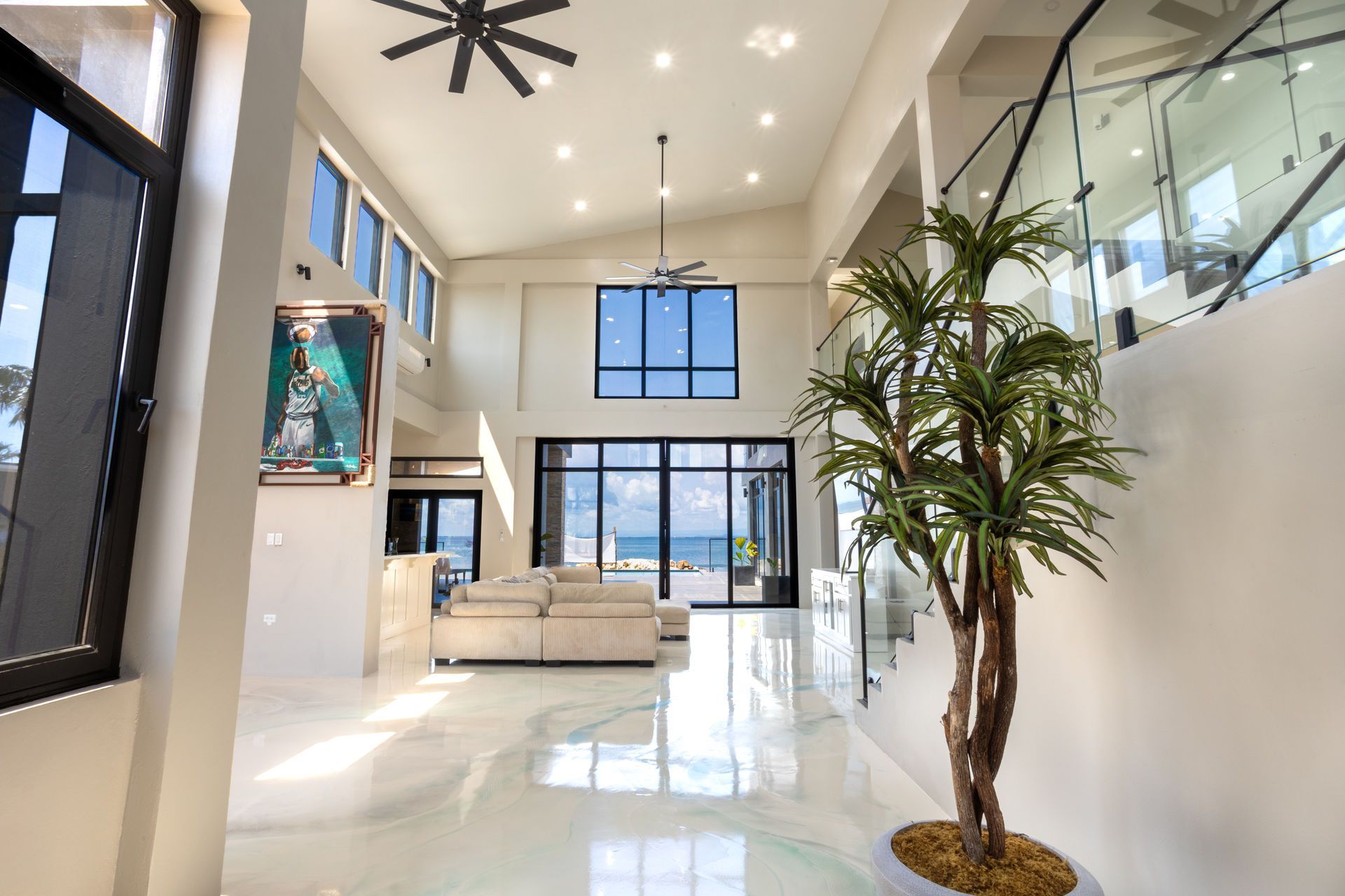 Bright modern living room with white floors, large windows, a sofa, and a tall potted plant.