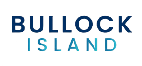 Bullock Island logo in dark blue and teal text on white background