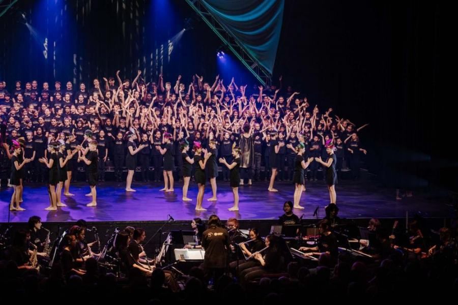 A large group of people are dancing on a stage.