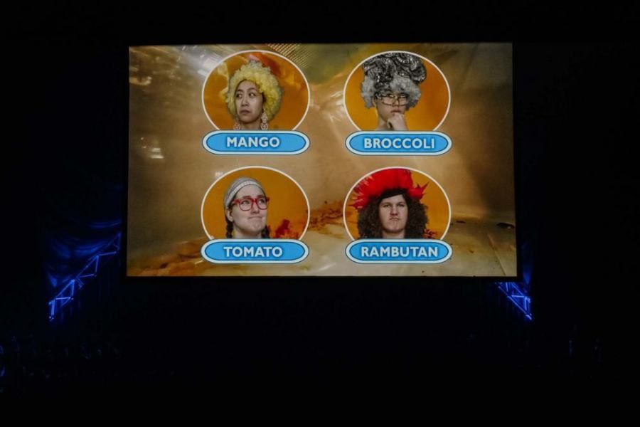 A group of people are standing next to each other on a screen.