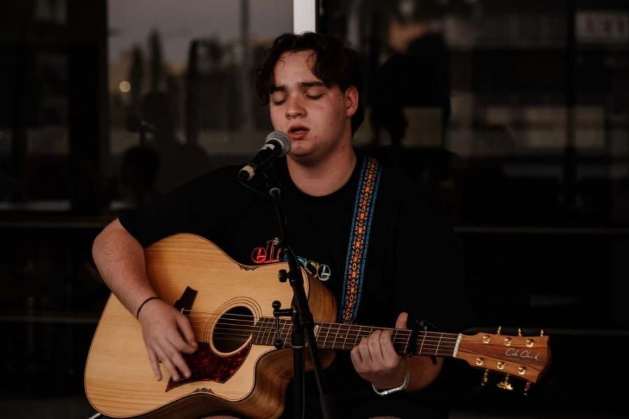 A young man is playing a guitar and singing into a microphone.