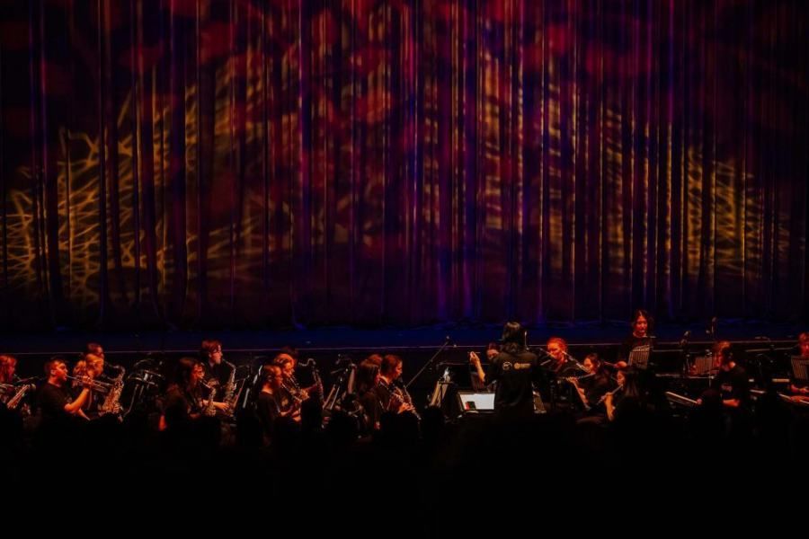 A group of people are playing instruments on a stage in front of a large curtain.