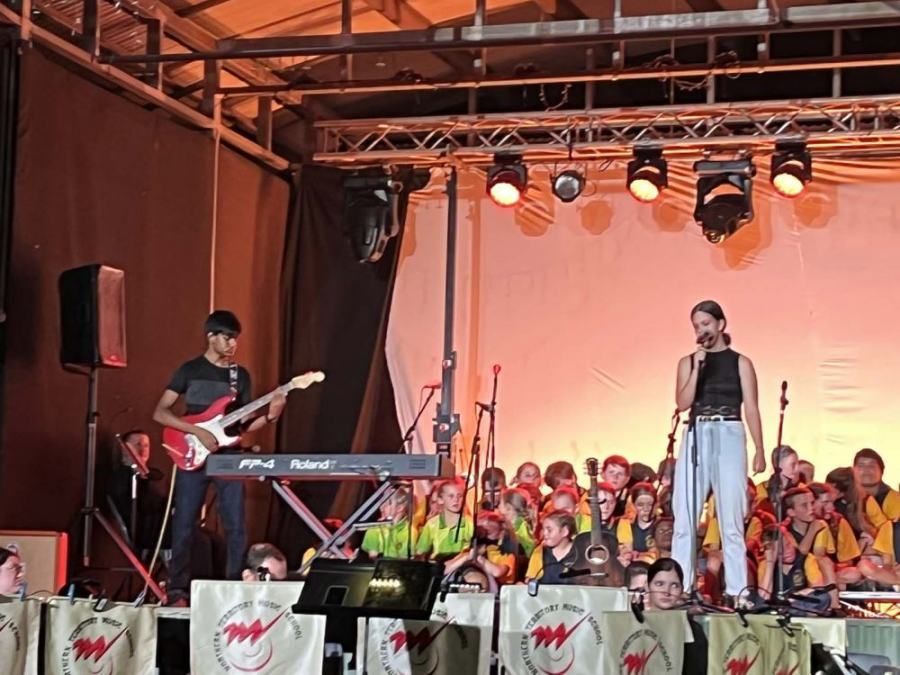 A man playing a guitar and a woman singing on stage