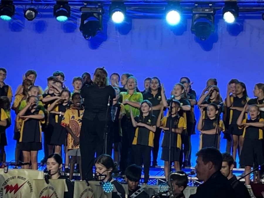 A large group of children are singing on a stage