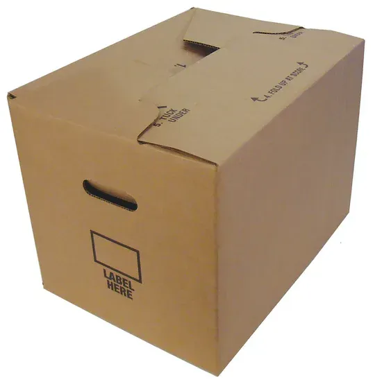 Cardboard storage box with a handle, label area, and closed top.