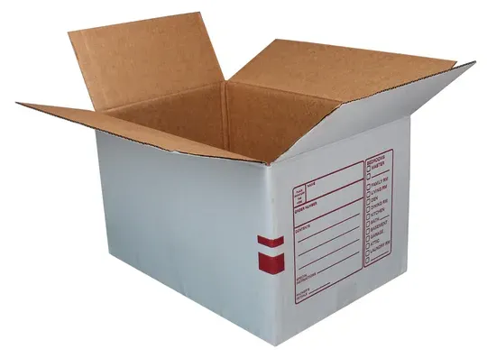 Open white cardboard box, flaps open, with a red label on the side.