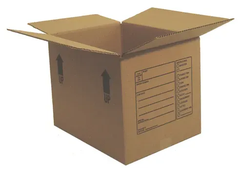Open brown cardboard box with flaps, label, and up arrows.