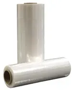 Rolls of clear plastic stretch film, one upright and one lying down.