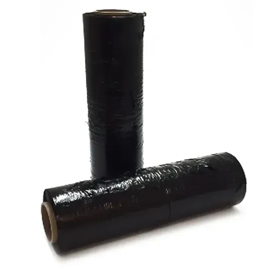 Two black plastic stretch wrap rolls, one standing upright, one lying down.