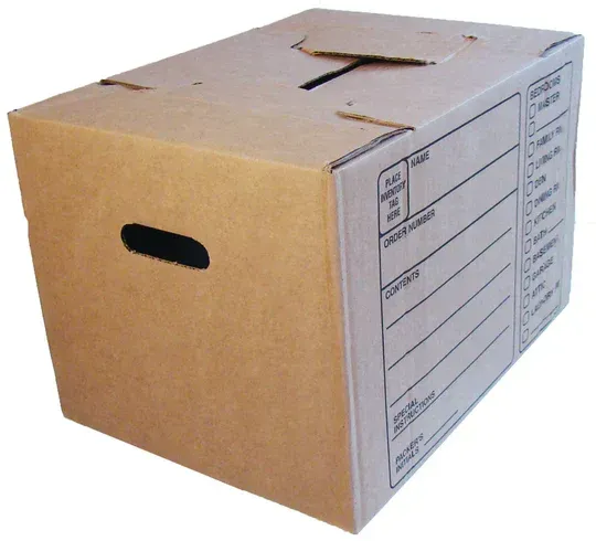 Cardboard storage box with handle cutout and label area.