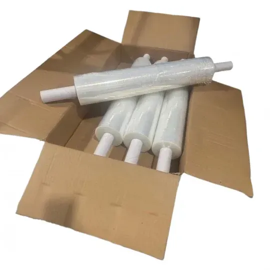Box of clear plastic wrap rolls with white handles.