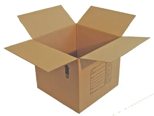 An open brown cardboard box with flaps extended.