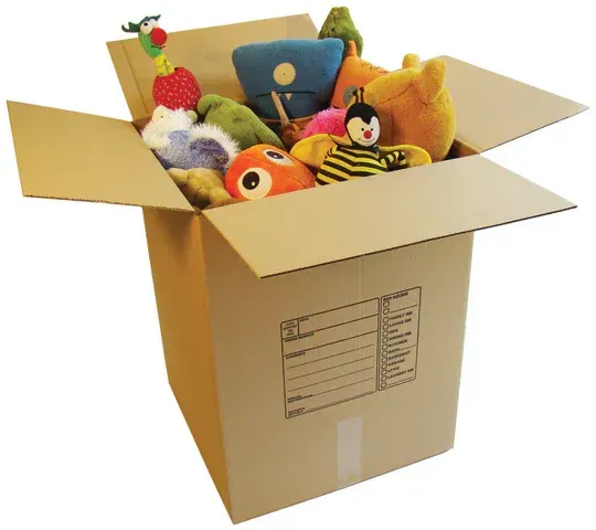 Cardboard box overflowing with colorful stuffed toys.