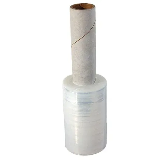 Roll of clear plastic stretch wrap on a cardboard tube.