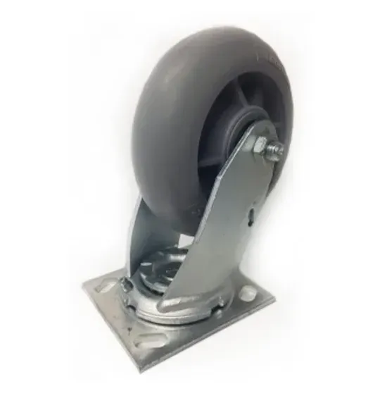 Gray swivel caster wheel on a metal base, for moving equipment.